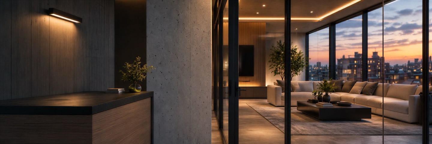 A lounge with floor-to-ceiling glazing over the city at dusk, a concept render