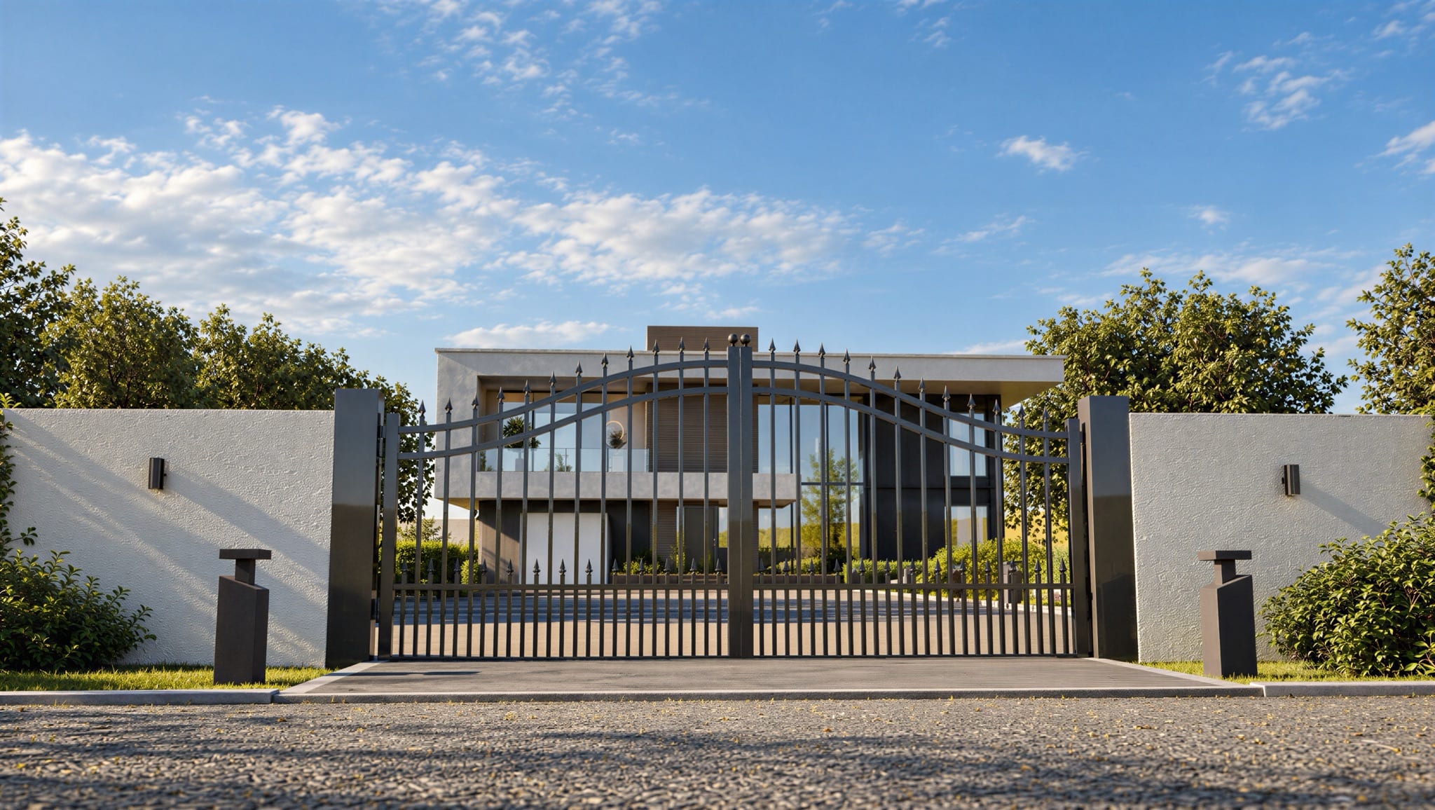 The entrance gates closed, with the house beyond