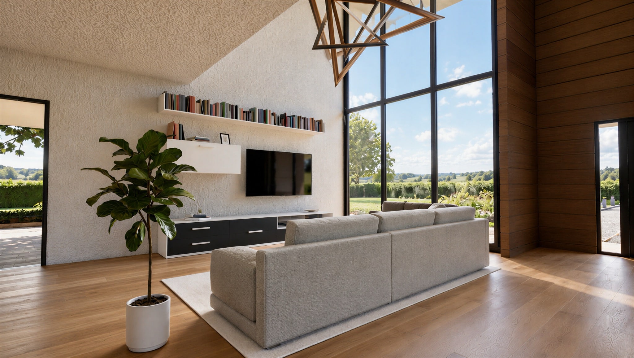 A bright living room by day, blinds open and the television off