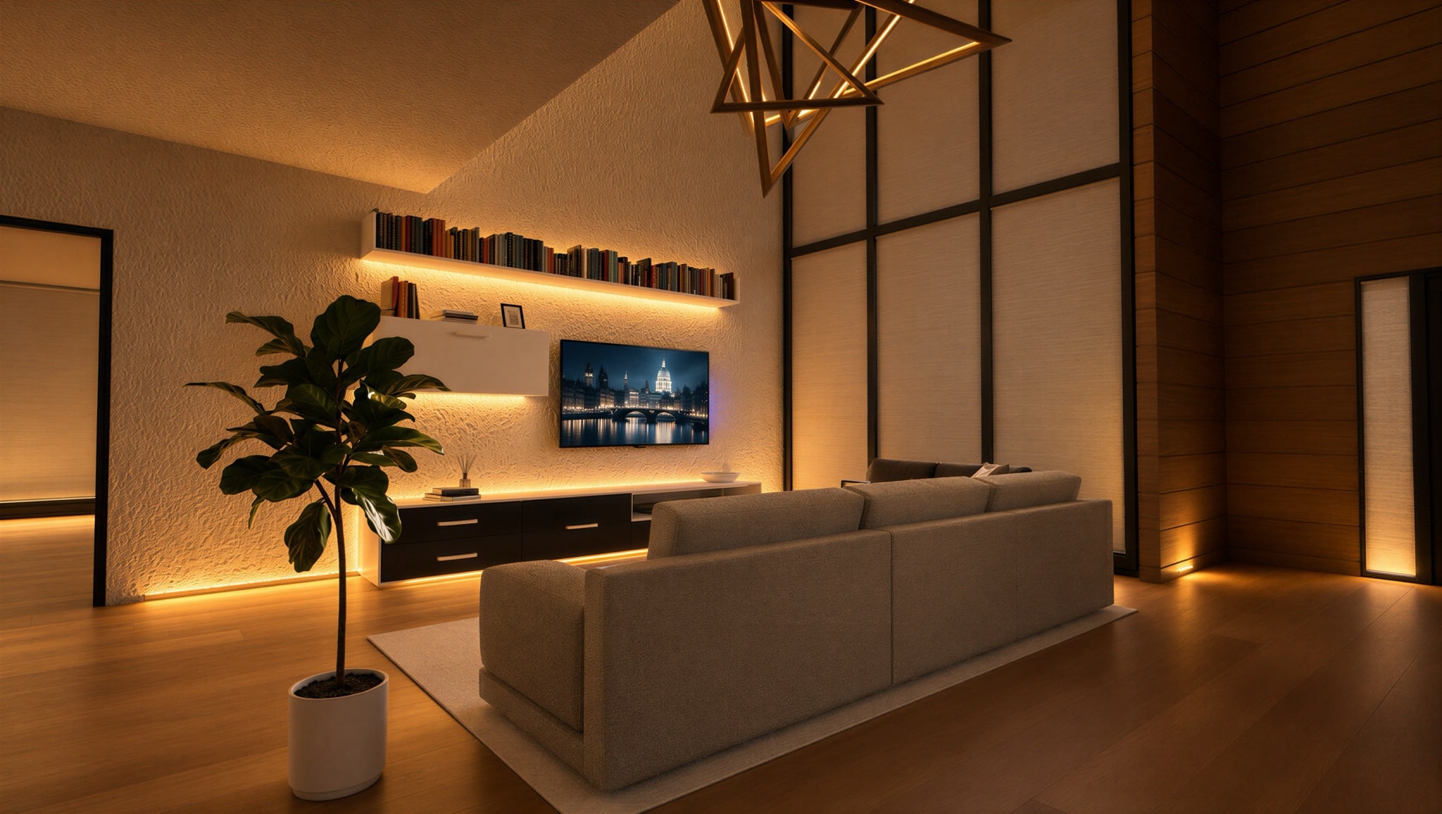 The same living room for film night, blinds down, lights low and a film on the television
